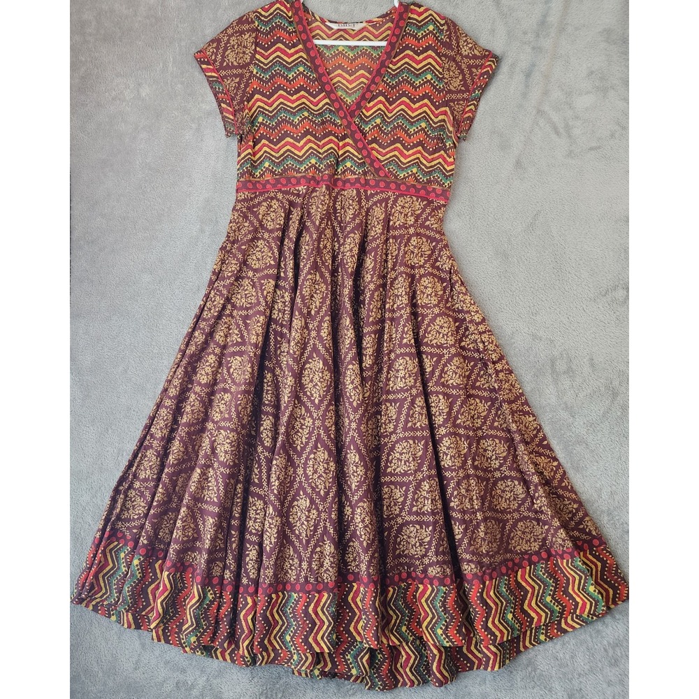 Biba Dress Womens Size 36 Burgundy Gold Chevron Damask V-Neck Made in India